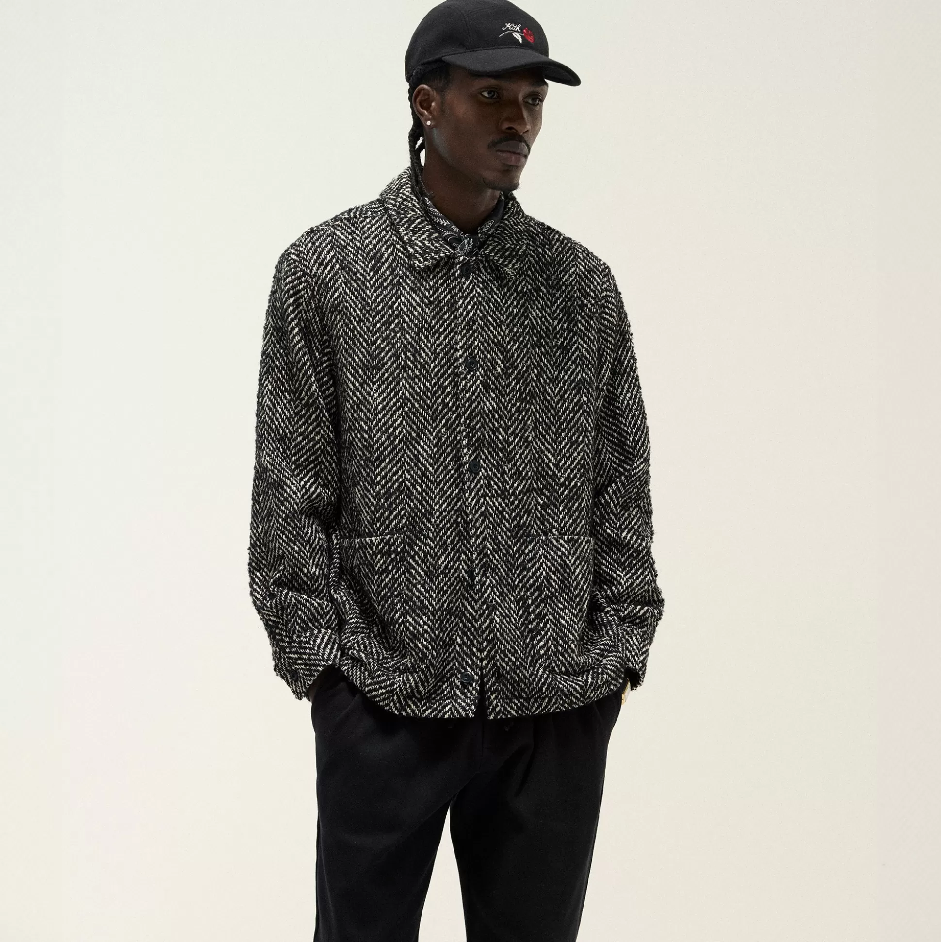 Shop Kith Oversized Herringbone Boxy Collared Overshirt Black