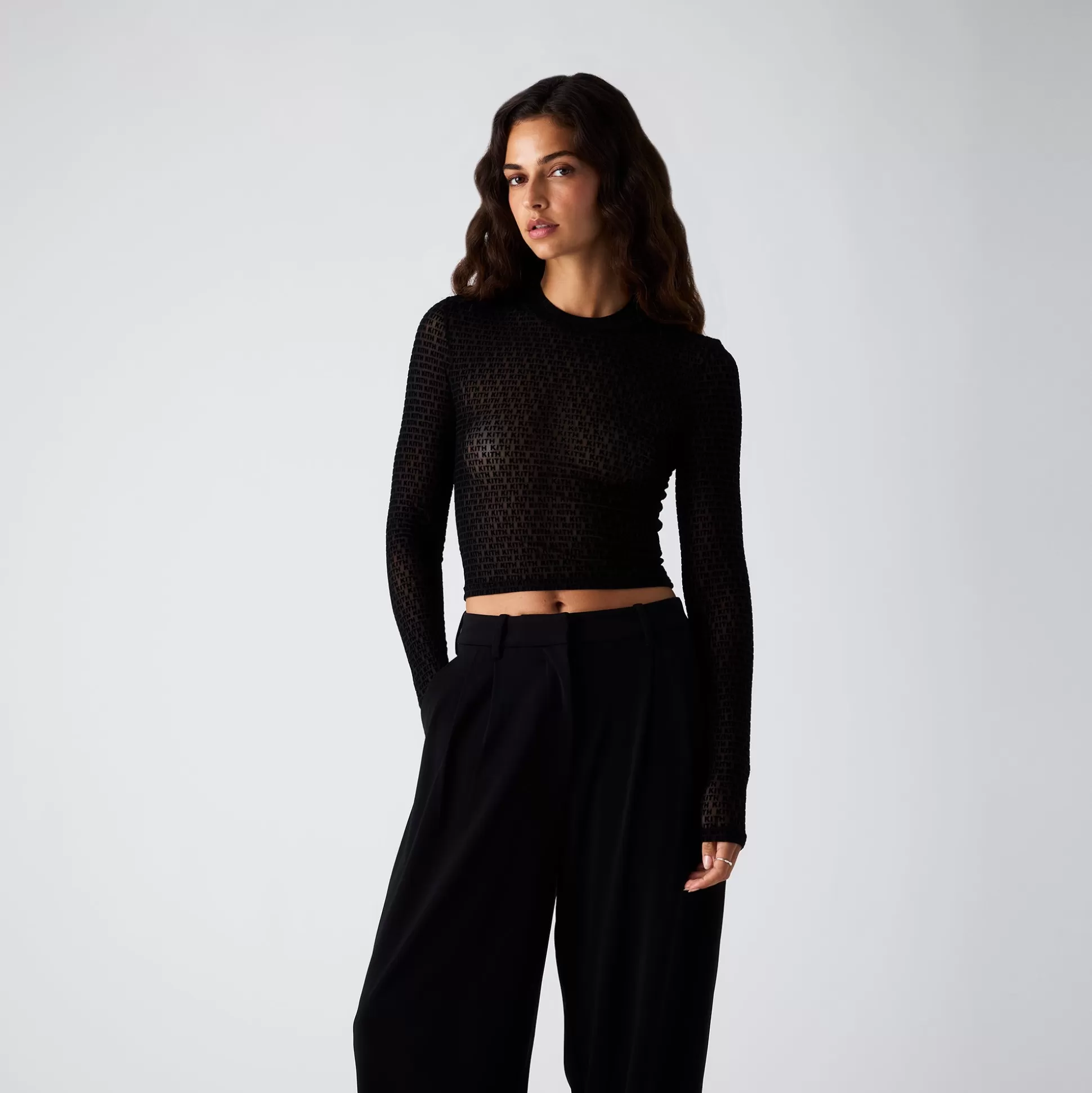 Outlet Kith Women Mulberry Monogram Mesh Long Sleeve Tee Black