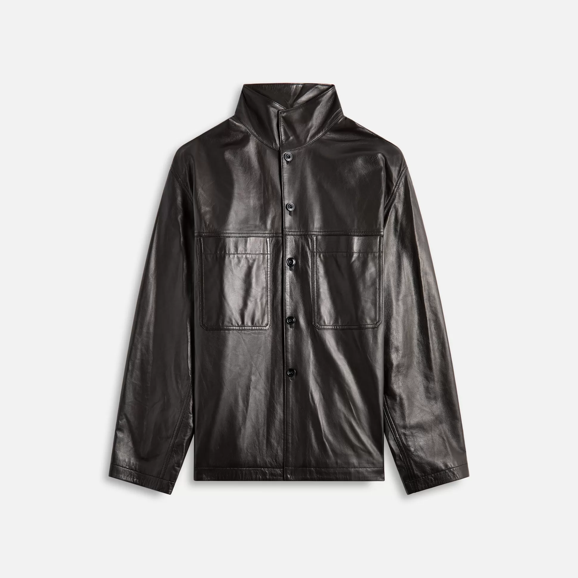 Shop Lemaire leather stand collar shirt Dark Espresso