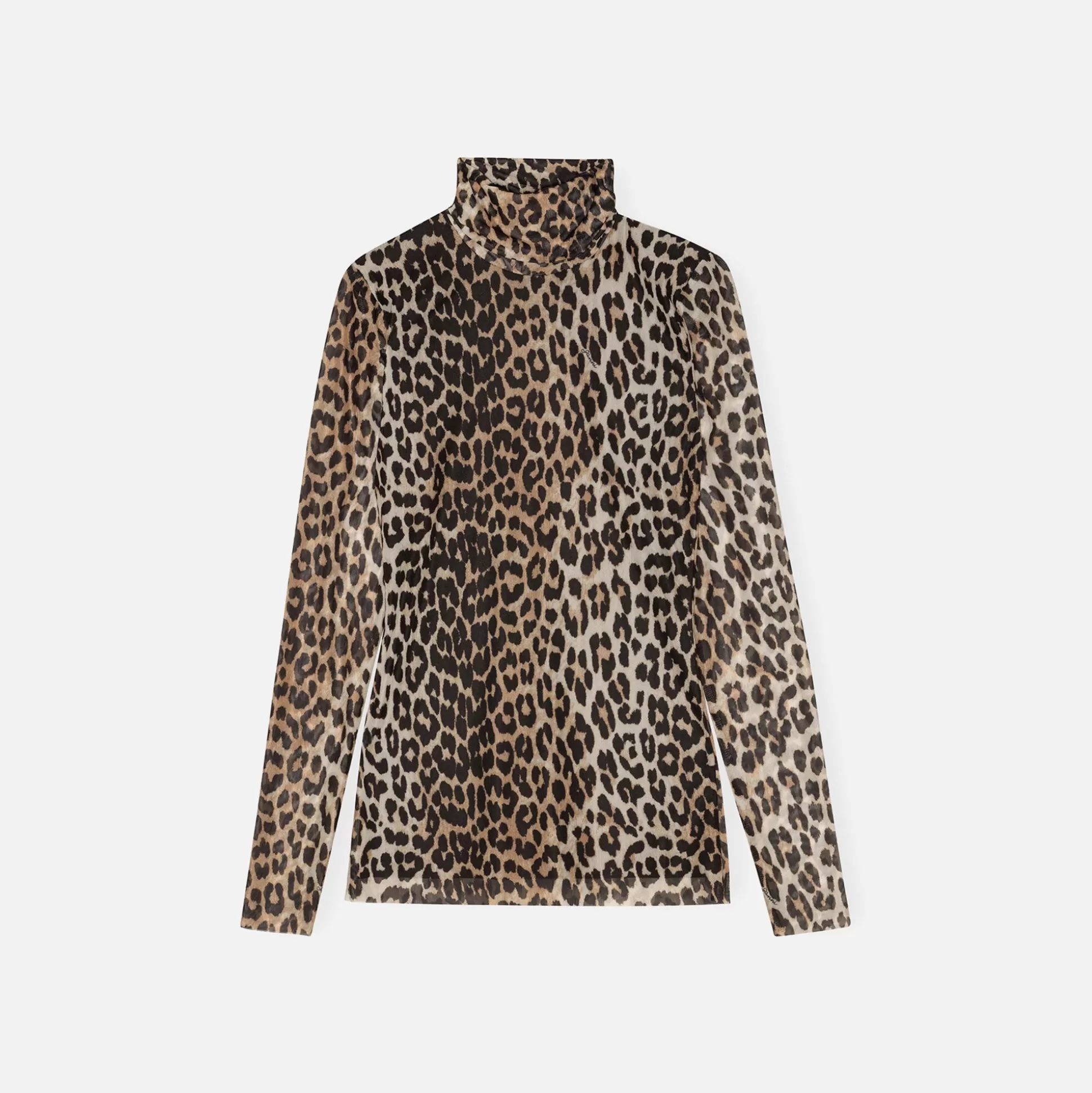 Shop Ganni printed mesh long sleeve rollneck Leopard