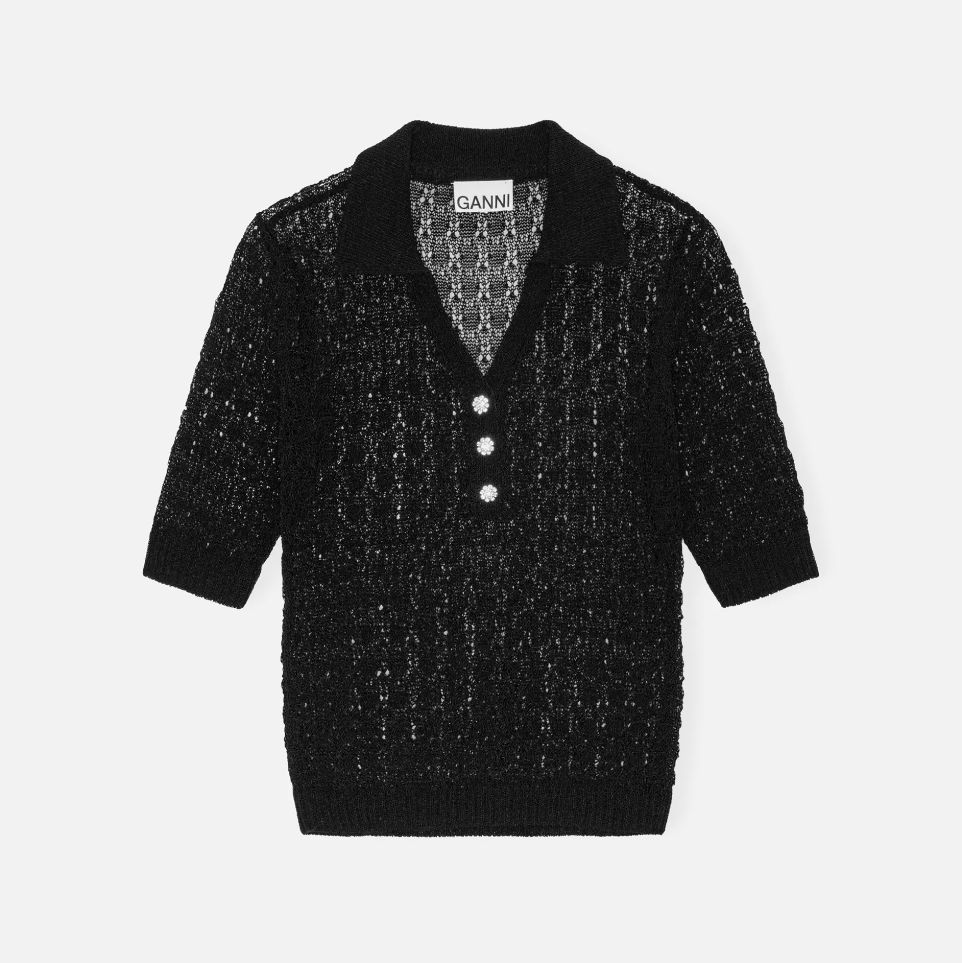 Store Ganni shiny pointelle knit polo Black