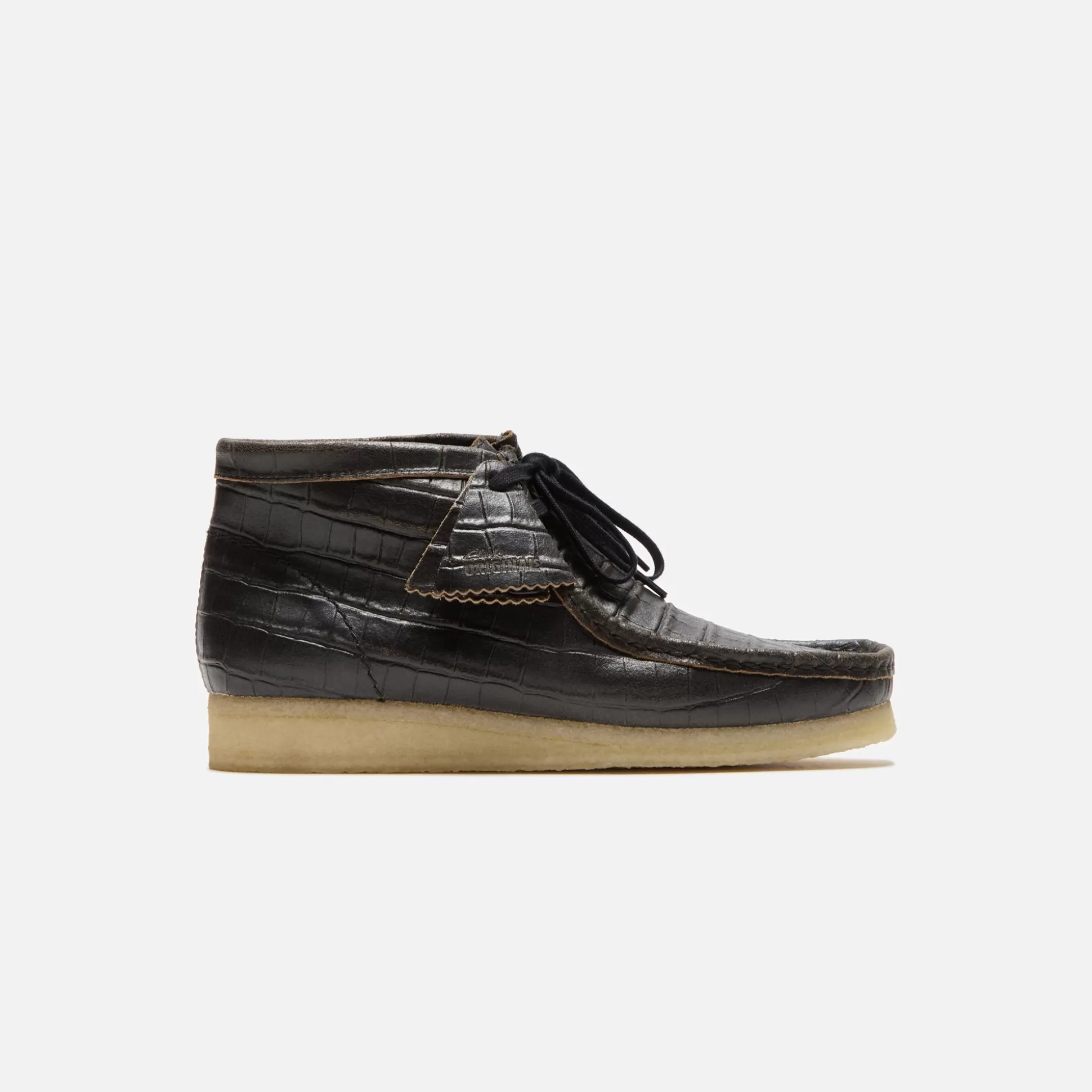 Cheap Clarks wallabee harajuku croc distress leather boot Black